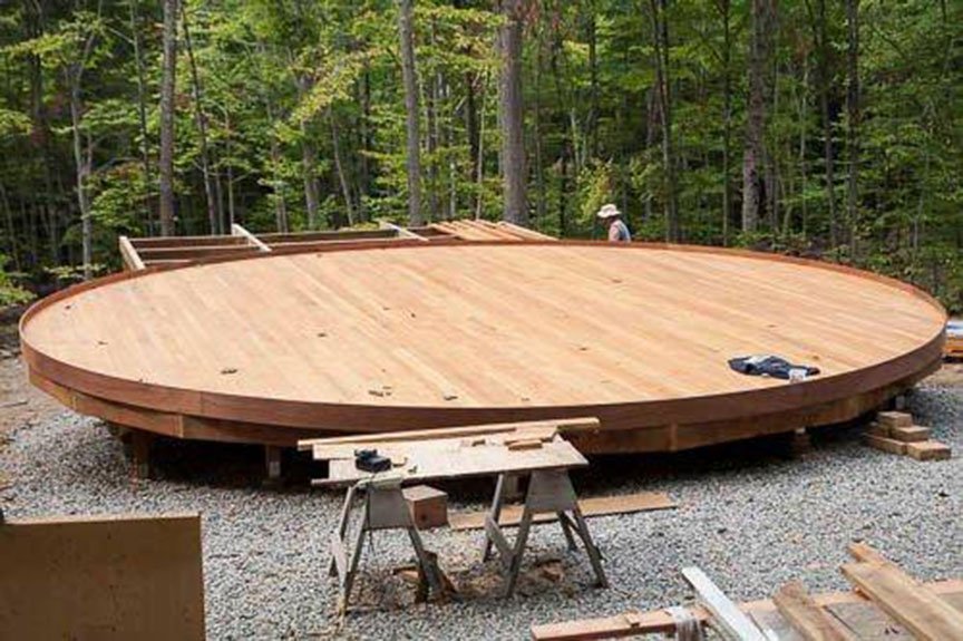 A round wooden yurt platform under construction